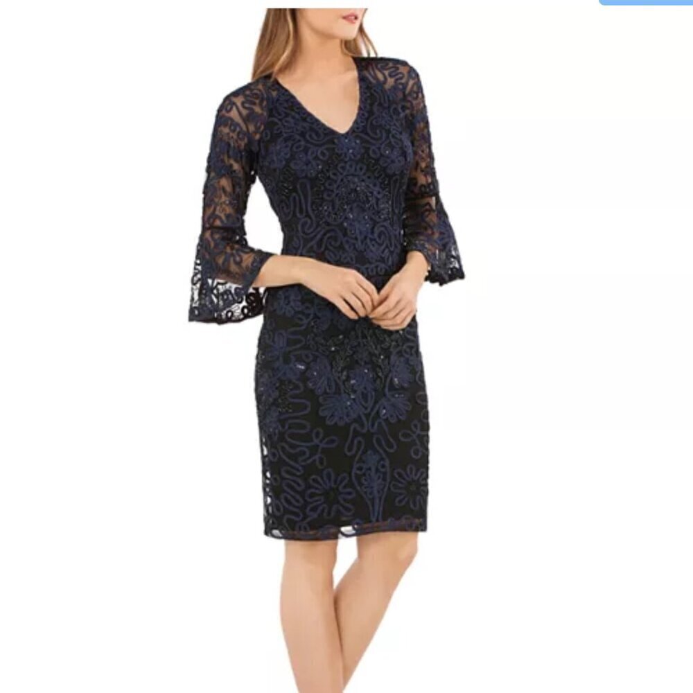 NWT JS Collections Royal Blue/Black Bell Sleeve Soutache Cocktail Dress, Size 2